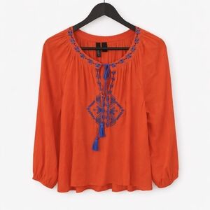 Fun & Flirt Orange Bohemian Embroidered Peasant Blouse See Meas.